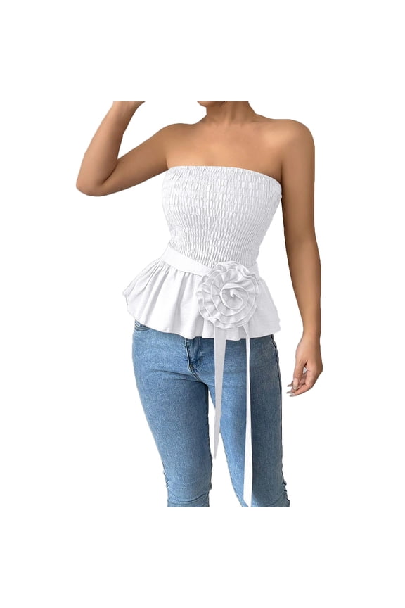 Women's Tube Tops Summer Casual Strapless Bandeau Tank Tops Fashion off the Shoulder Blouses Pleated Shirts (XL, White)