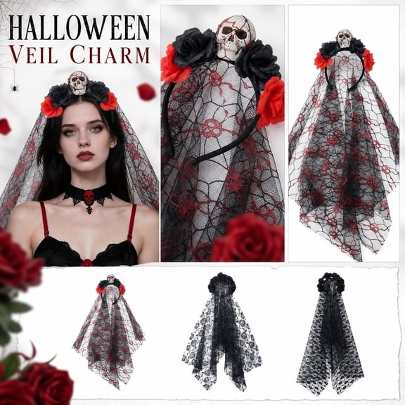 Women's Tulle Head Hoop, Day of The Dead Traditional Full Length Veil Headband, Black Roses Artificial Flowers Premium Fabric Decorative Piece, Halloween Party Event Matching