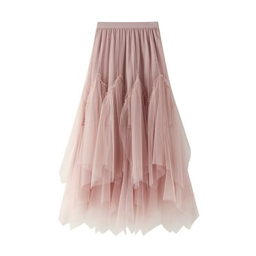 Women's Tulle Long Skirt Elastic Waist Layered Mesh Formal Prom Party Skirt Irregular A Line Swing Maxi Skirt