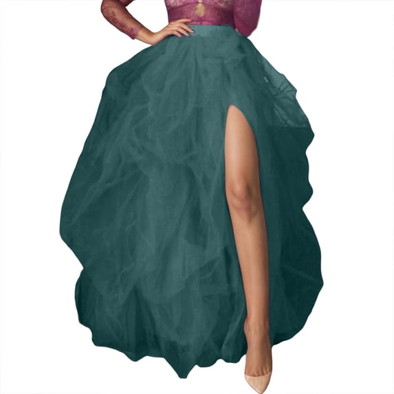 Women's Tulle Maxi Skirt Floor Length Layered High Waist Split Skirt A-Line Puffy Mesh Tutu Skirt for Wedding Party