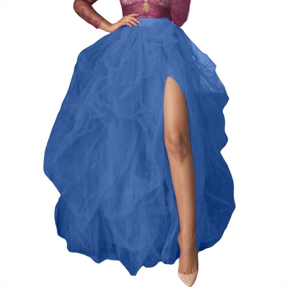 Women's Tulle Maxi Skirt Floor Length Layered High Waist Split Skirt A-Line Puffy Mesh Tutu Skirt for Wedding Party