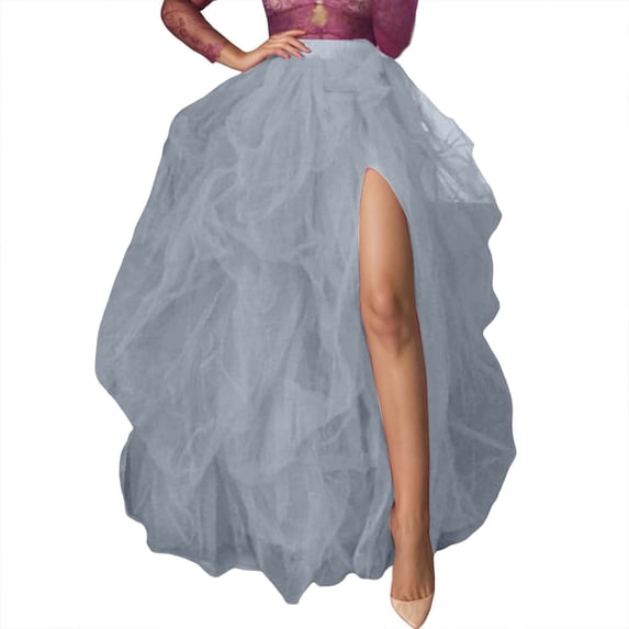 Women's Tulle Maxi Skirt Floor Length Layered High Waist Split Skirt A-Line Puffy Mesh Tutu Skirt for Wedding Party