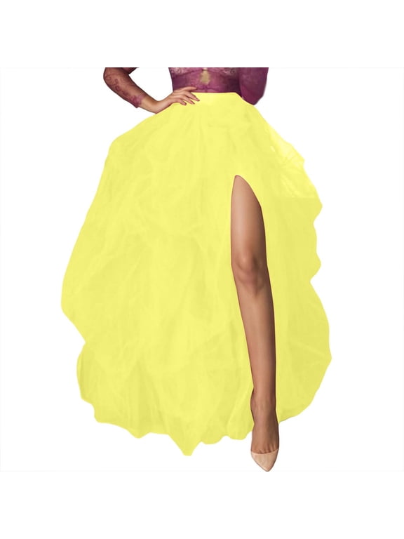 Women's Tulle Maxi Skirt Floor Length Layered High Waist Split Skirt A-Line Puffy Mesh Tutu Skirt for Wedding Party