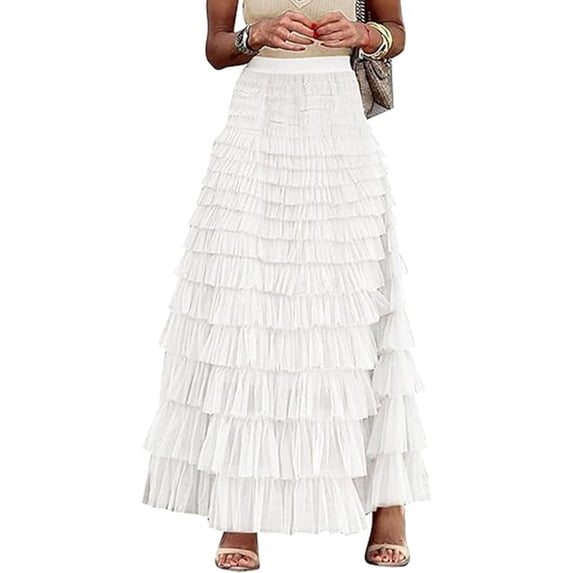 Women's Tulle Midi Skirt Elastic High Waist A-Line Ruffle Tiered Layered Mesh Puffy Long Maxi Skirt