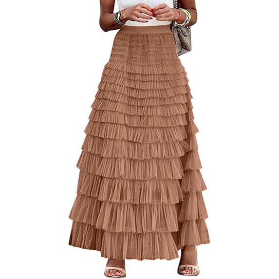 Women's Tulle Midi Skirt Elastic High Waist A-Line Ruffle Tiered Layered Mesh Puffy Long Maxi Skirt
