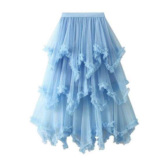 Women's Tulle Skirt Elastic Waist Layered Mesh Formal Princess Prom Skirt Irregular A Line Flowy Midi Skirt