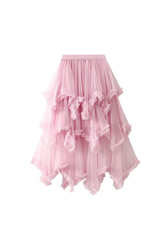 Women's Tulle Skirt Elastic Waist Layered Mesh Formal Princess Prom Skirt Irregular A Line Flowy Midi Skirt