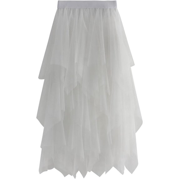 Women's Tulle Skirt High Low Asymmetrical Hem Elastic Waist Midi Long Fairy Skirt A-Line Mesh Layered Tutu Skirt