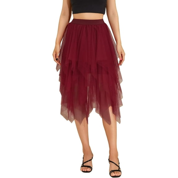 Women's Tulle Skirt High Low Asymmetrical Hem Elastic Waist Midi Long Fairy Skirt A-Line Mesh Layered Tutu Skirt