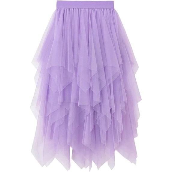 Women's Tulle Skirt High Low Asymmetrical Hem Elastic Waist Midi Long Fairy Skirt A-Line Mesh Layered Tutu Skirt