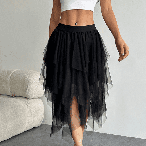 Women's Tulle Skirts High Low Layered Puffy Fairy Skirts Midi Length Irregular Tutu Skirt Black L