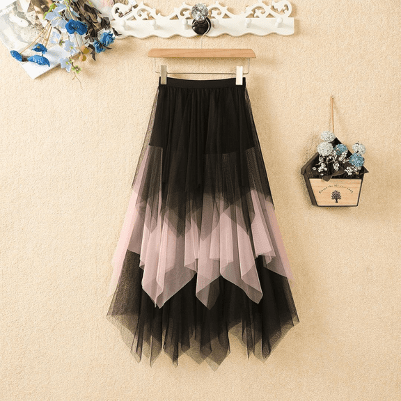 Women's Tulle Skirts High Low Layered Puffy Fairy Skirts Midi Length Irregular Tutu Skirt Black-pink-black M