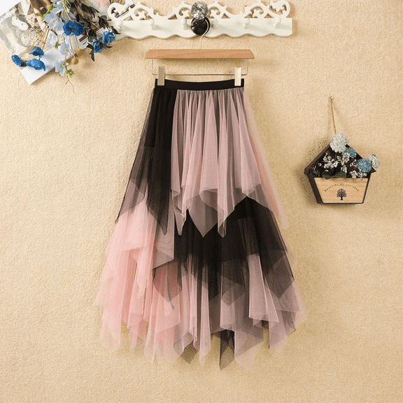 Women's Tulle Skirts High Low Layered Puffy Fairy Skirts Midi Length Irregular Tutu Skirt Black-pink-pink XL