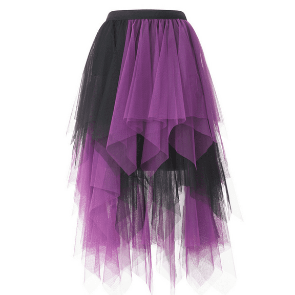 Women's Tulle Skirts High Low Layered Puffy Fairy Skirts Midi Length Irregular Tutu Skirt Black-purple M