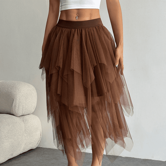 Women's Tulle Skirts High Low Layered Puffy Fairy Skirts Midi Length Irregular Tutu Skirt Coffee M