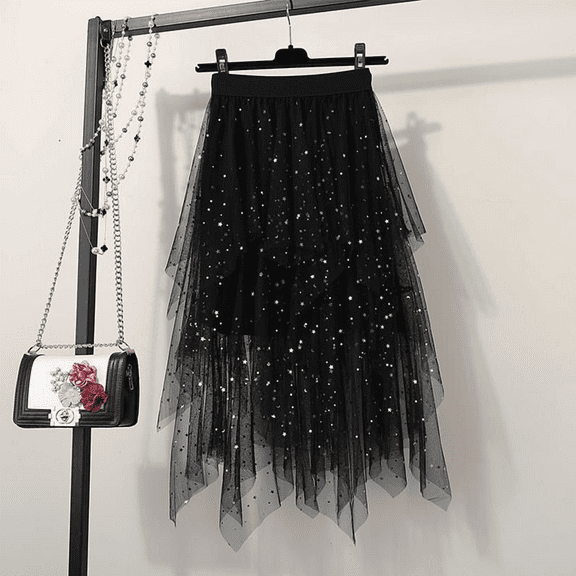 Women's Tulle Skirts High Low Layered Puffy Fairy Skirts Midi Length Irregular Tutu Skirt Sequin black M