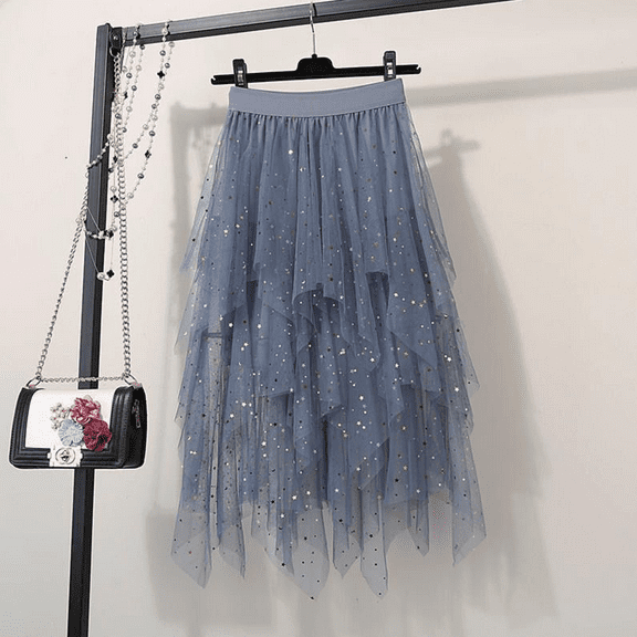 Women's Tulle Skirts High Low Layered Puffy Fairy Skirts Midi Length Irregular Tutu Skirt Sequin blue M
