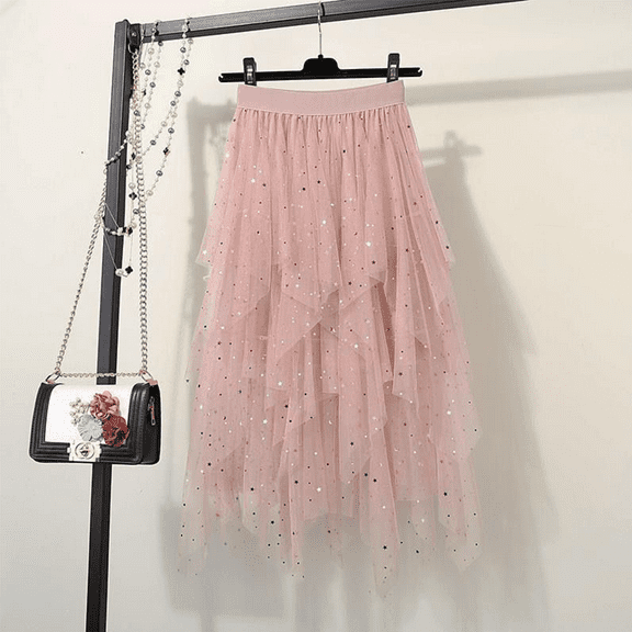 Women's Tulle Skirts High Low Layered Puffy Fairy Skirts Midi Length Irregular Tutu Skirt Sequin pink L