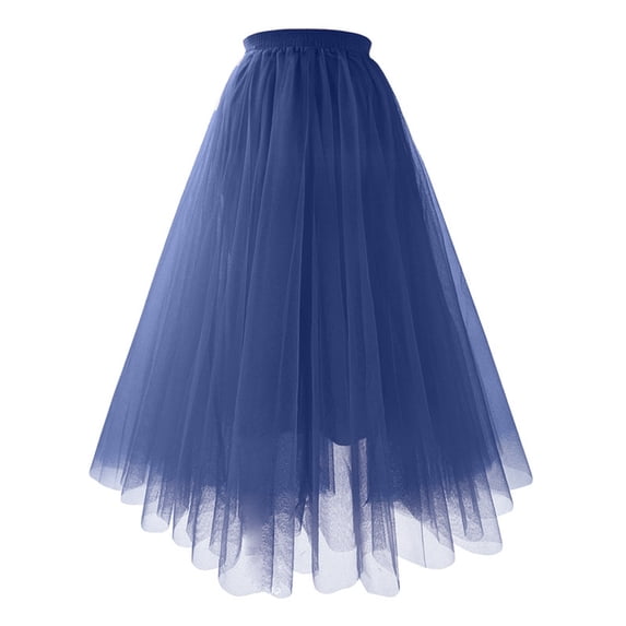 Women's Tulle Skirts Midi Elastic High Waist Pleated Mesh Flowy A-Line Party Long Skirts Navy S
