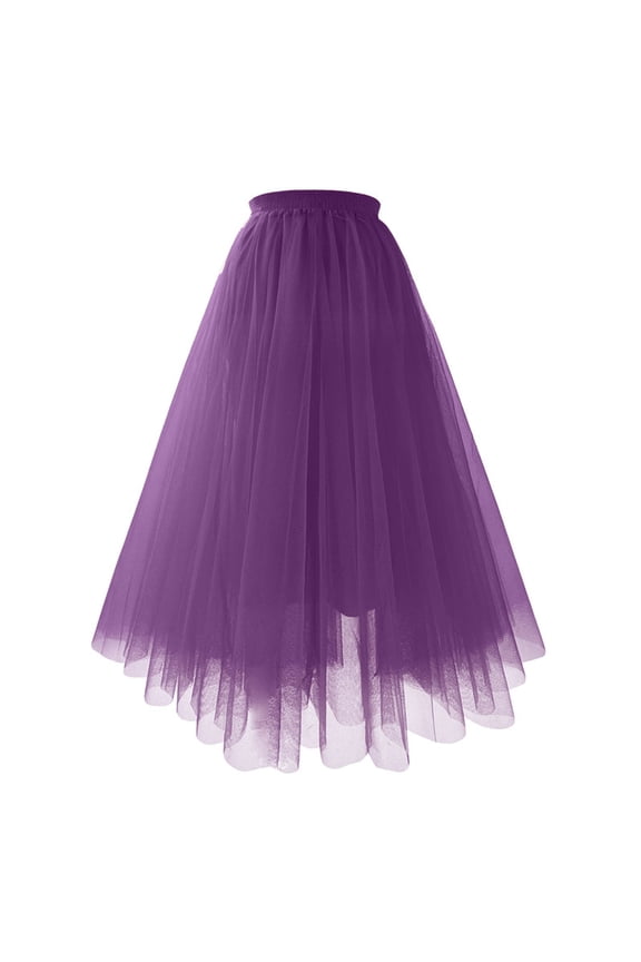 Women's Tulle Skirts Midi Elastic High Waist Pleated Mesh Flowy A-Line Party Long Skirts Purple L