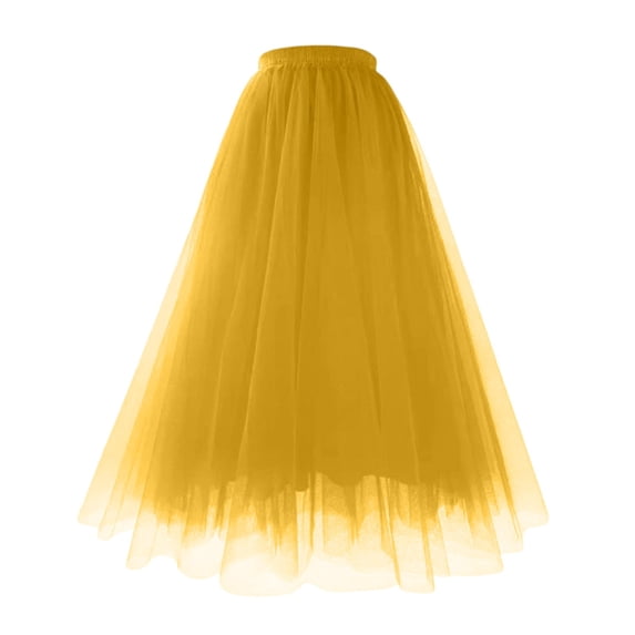 Women's Tulle Skirts Midi Elastic High Waist Pleated Mesh Flowy A-Line Party Long Skirts Yellow S