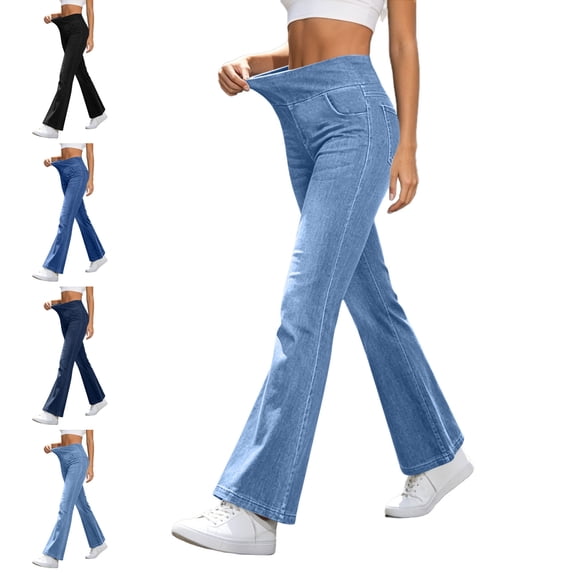 Women's Tummy Control Bell Bottom Jeans Elastic High Waisted Wide Leg Lightweight Breathable Outdoor Flare Pants Jeggings with Multiple Pockets