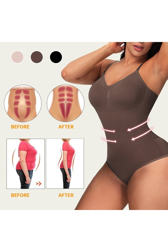 Women's Tummy Control Bodysuit, Thong Back Deep V Neck Body Shaper with Built-In Bra, Slimming Shapewear for Everyday Wear, Postpartum, and Waist Training-Beige