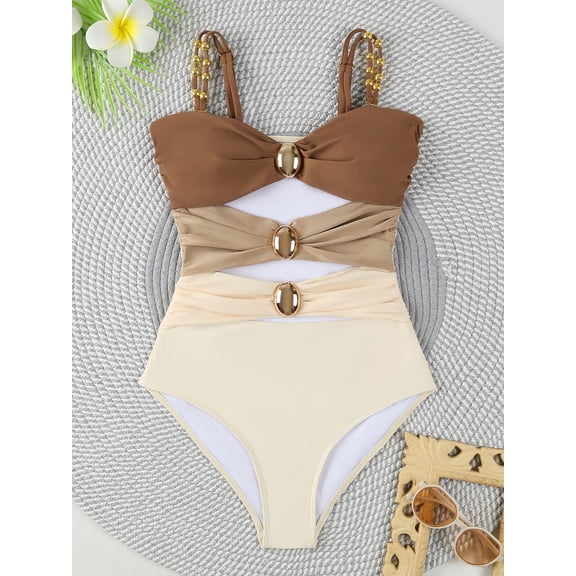 Women's Tummy Control One Piece Swimsuit Color Block Ring Linked Sexy Bathing Suit Cutout Swim Suit Multicolor XL