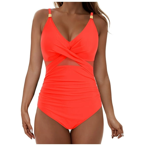 Women's Tummy Control One Piece Swimsuit Mesh V Neck Bathing Suit Ruched Cutout Swimwear