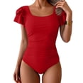 thumbnail image 1 of Women's Tummy Control One Piece Swimsuit Ruffle Square Neck Bathing Suit Ruched Cutout Back Slimming Swimwear Red L, 1 of 3