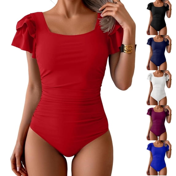 Women's Tummy Control One Piece Swimsuit Ruffle Square Neck Bathing Suit Ruched Cutout Back Slimming Swimwear Royal Blue M