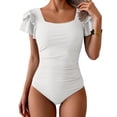 thumbnail image 1 of Women's Tummy Control One Piece Swimsuit Ruffle Square Neck Bathing Suit Ruched Cutout Back Slimming Swimwear White L, 1 of 3