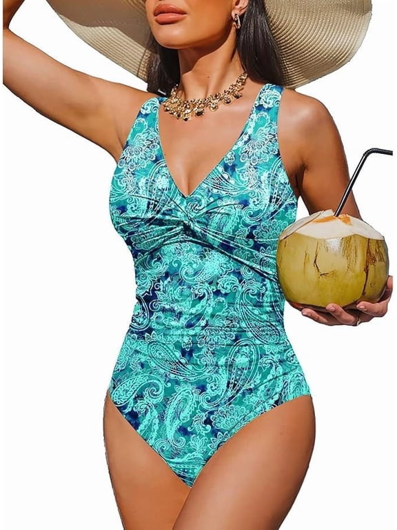 Women's Tummy Control One-Piece Swimsuit, V-Neck Twist Front Bathing Suit, Full Coverage Slimming Swimwear