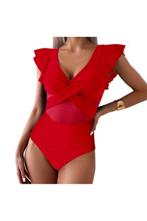 Women's Tummy Control Swimsuits Slimming One Piece Bathing Suit Ruffle Wrap V Neck Swimwear