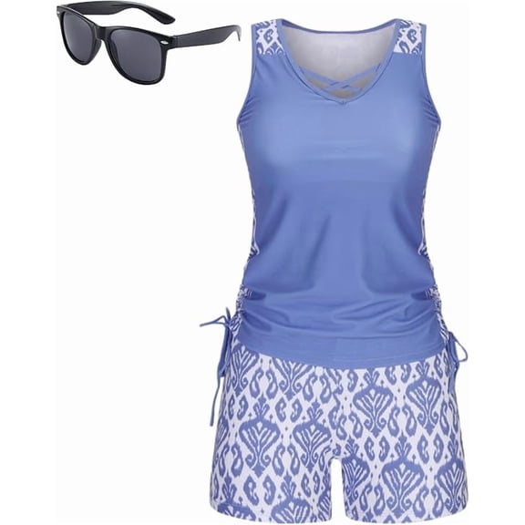 Women's Tummy Control Tankini Set with Built-in Bra – Flattering Boho Swimwear with Shorts, Tankini Swimsuit for Women(Blue,X-Large)