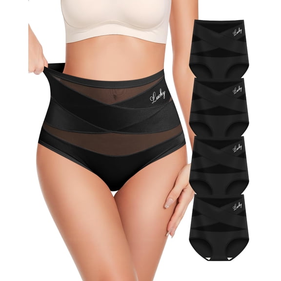 Women's Tummy Control Underwear 4 Pack, High Waisted No Muffin Top Panties, Unique Underwear Tummy Control Postpartum Briefs Full Coverage(Black 4PCS S)