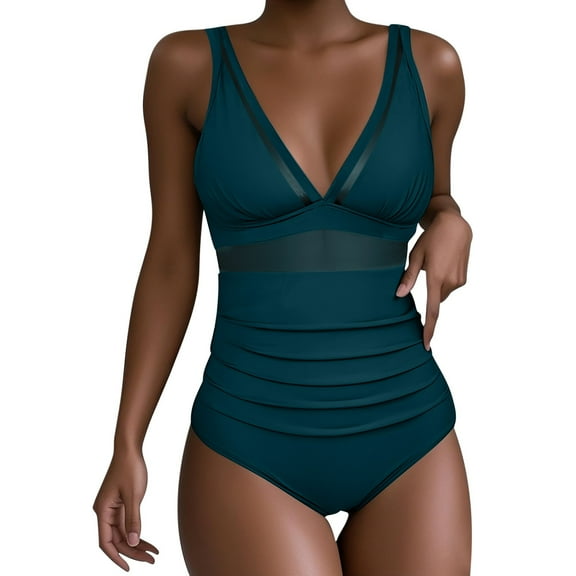 Women's Tummy Swimsuits Mesh One Piece Bathing Suits Slim Fitting V Neck Swimwear Lady Swimsuits One Piece Green XL