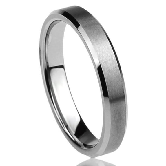 Women's Tungsten Carbide Wedding Band Ring 4mm Comfort Fit Beveled Edge Flat Center Brushed Tungsten Ring
