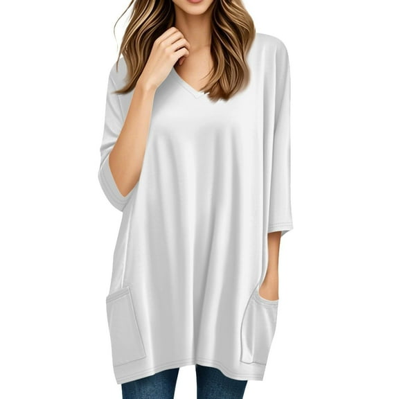 Women's Tunic 3/4 Sleeve V-Neck Casual Blouse with Pockets - Summer Loose Fit Top for Leggings | Yubnlvae (White | 3XL)