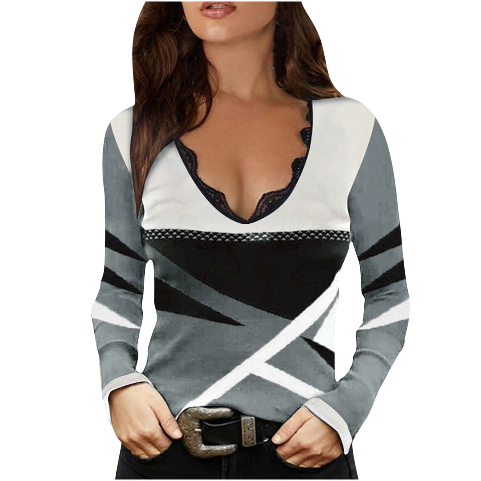 Women's Tunic Fashion Long Sleeve Geometric Print V-Neck Lace Patchwork Tops T-Shirt Plus Size Blouses Shirt Dressy for Fall