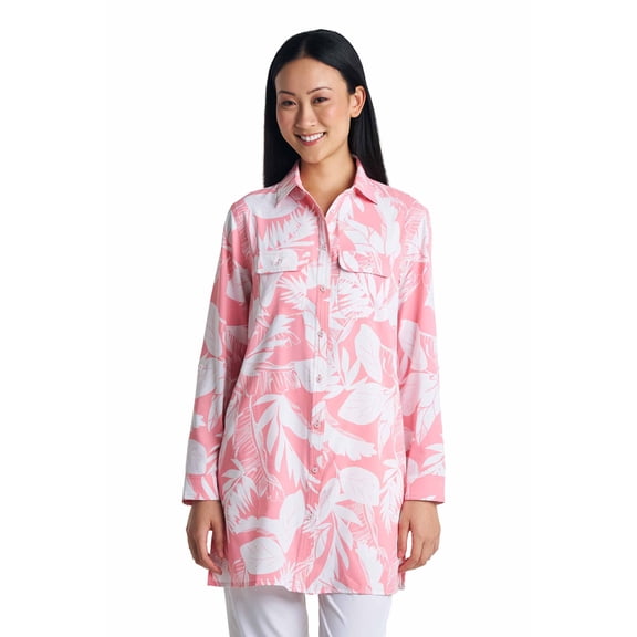 Women's Tunic Long Sleeve Shirt - UPF 50+ Sun Protection - Santorini in Flamingo Pink Paradise