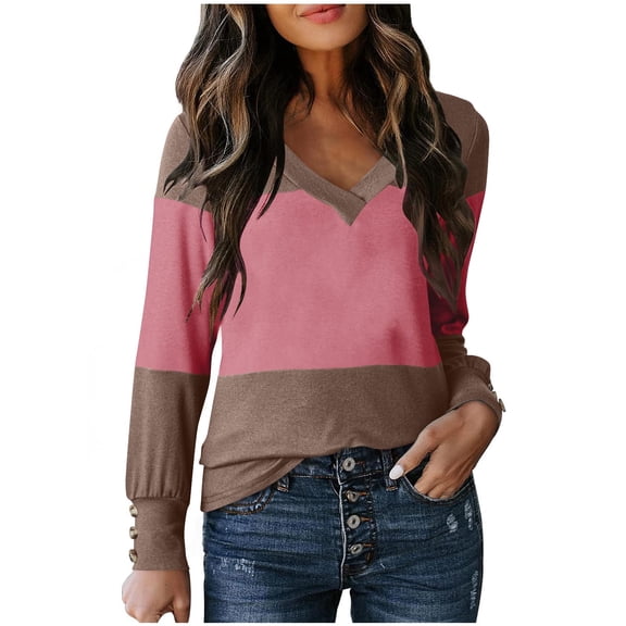 Women's Tunic Shirts V Neck Pullover Color Block Sweatshirt Long Sleeve Tops Button Tees Cropped Pullovers Fall Fashion Blouses Clothing Work School Outfits