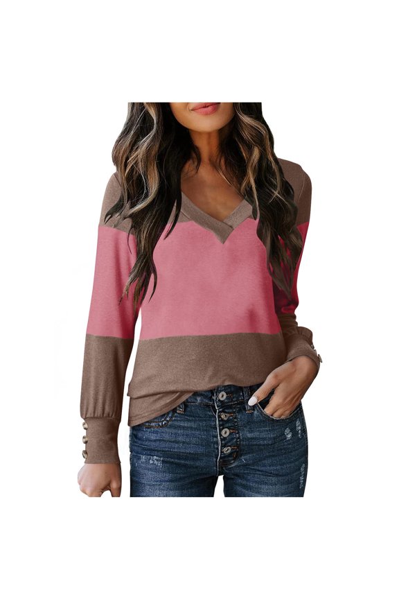 Women's Tunic Shirts V Neck Pullover Color Block Sweatshirt Long Sleeve Tops Button Tees Cropped Pullovers Fall Fashion Blouses Clothing Work School Outfits