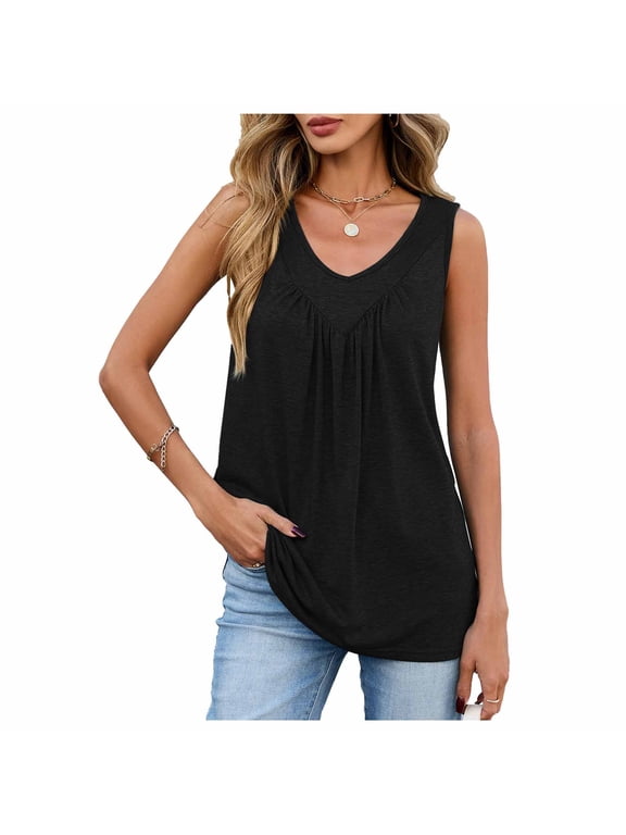 Women's Tunic Tank Tops Loose Fit Pleated V Neck Sleeveless Plain Tshirts Summer Casual Tanks (2XL, Black)