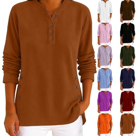Women's Tunic Top Solid Color Henley Neck Long Sleeve Corduroy Button Down Shirt for Everyday Wear in Fall & Winter