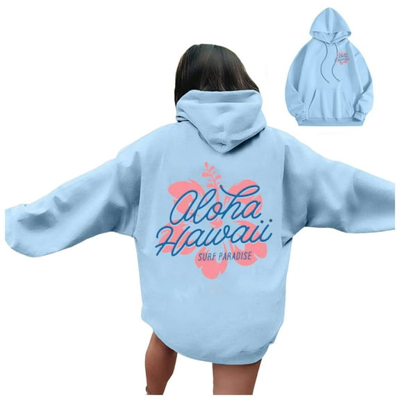Women's Tunic Tops Fall Winter Oversized Hooded Long Sleeve Cap Off the Shoulder Drawstring Floral Pullover Cotton Hoodies Sweatshirt(Light Blue,XL)