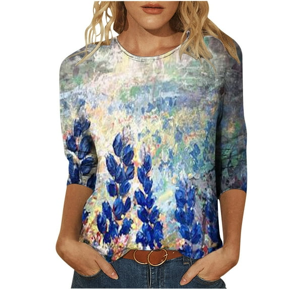 Women's Tunic Tops Fashion Printed Crew Neck Long Sleeve Loose Fit Blouses Lightweight Casual Pullover Sweatshirts