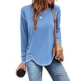 thumbnail image 1 of Women's Tunic Tops Solid Color Round Neck Loose Button Irregular T-Shirt Long Sleeve Side Blouses Tops, 1 of 5