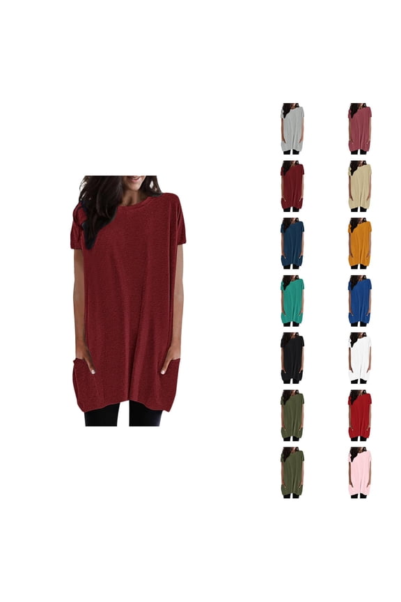 Women's Tunic Tops Summer Crewneck Loose Fit Plain Casual Long T Shirts Blouse with Pockets