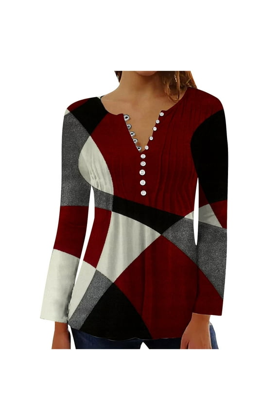 Women's Tunic Tops for Leggings Fashion V Neck Long Sleeve Graphic Floral Printed Shirts Button Casual Ruched Blouses(Red,XXL)